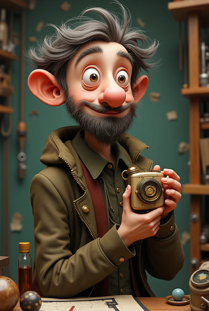 character short messy hair,fat nose, round eye, a poorly made device and goatee