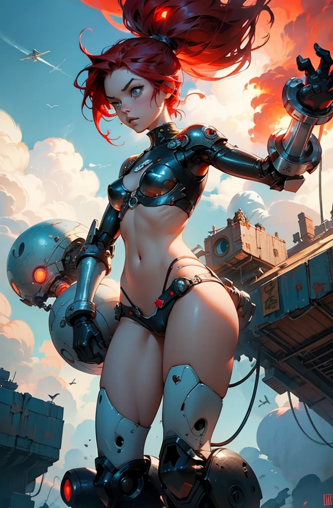 Epic see through bikini Cinematic PUNK ROCK cute red haired woman, with bouncing breasts no clothes in the style of Tony Sandoval and Ashley Woods art. Fighting robots in the the clouds. EXPLOSION.
