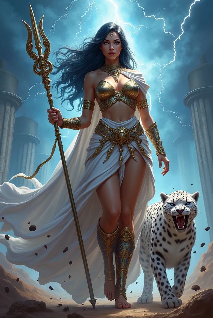 Goddess Athena with a trident in hand, black hair, blue eyes, with lightning bolts in the sky, and radiating splendor, having an angry white leopard by her side and asking for strength, looking straight ahead with a piercing gaze. ,   with flying ashes being imposing , 