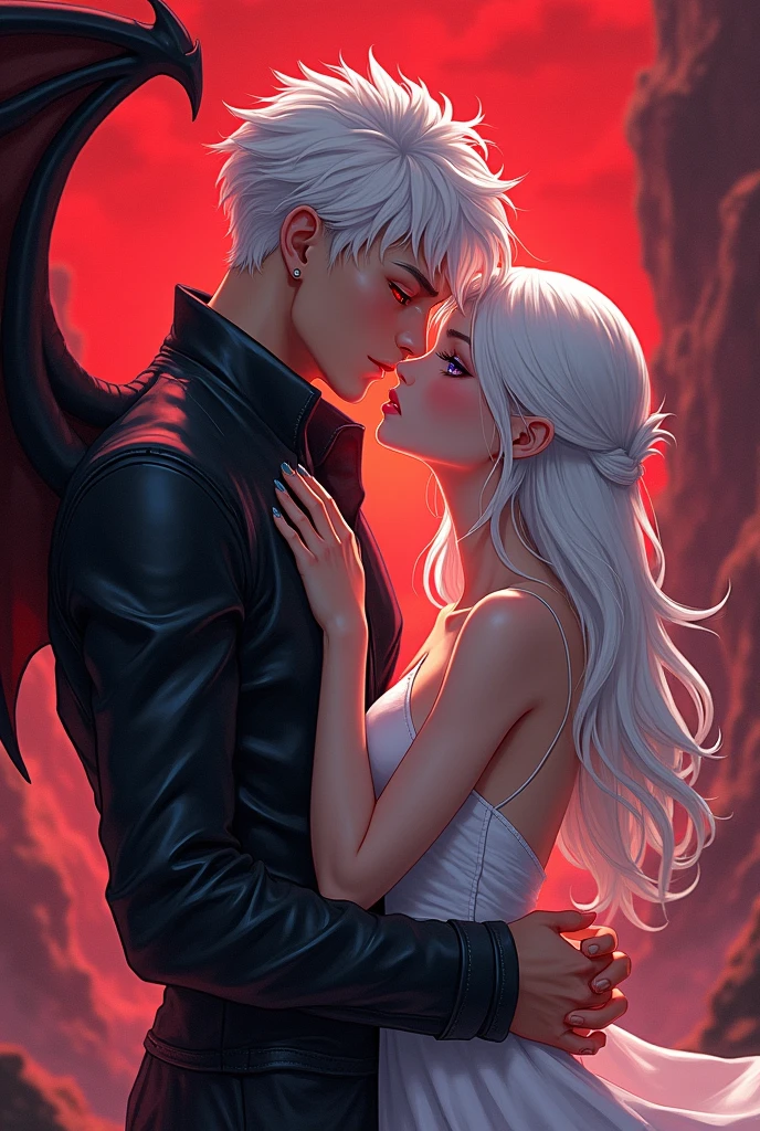 Create in anime style a handsome boy with white hair and a blood line on his hair and red eyes wearing smart leather jacket with demonic wings with a 17 years beautiful girl with white Short hair and blue colure eyes and kissing each other in hell