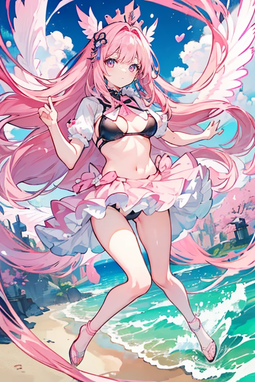 (flying debris), (Highest quality), Very detailed, ((1 person)), Focus Only，Low - Angle，dynamic，((smile))，Perfect Face, Beautiful Face, Very detailedな顔，(Pink long hair_Pink Eyes:1.3)，Swimwear，Idle only，Gorgeous hair ornament,sing，Laugh with your mouth wide open，Laser light，Large Breasts，Looking down，Seaside