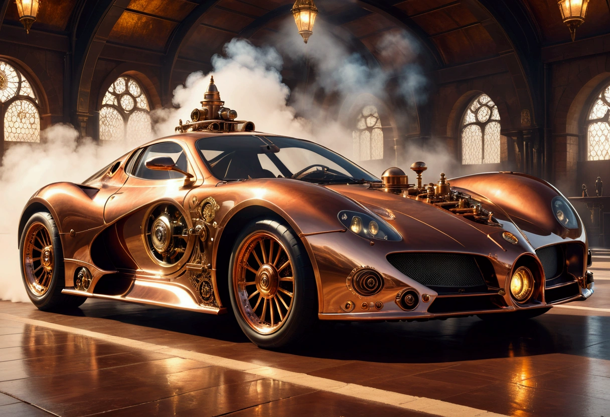 1 highly detailed steampunk supercar, Exercise on medieval racetracks, intricate gears and machinery, copper and brass accents, glowing steam vents, ornate chrome details,gleaming polished surfaces, dramatic lighting, cinematic camera angle, photorealistic, 8k, ultra-detailed, masterpiece
