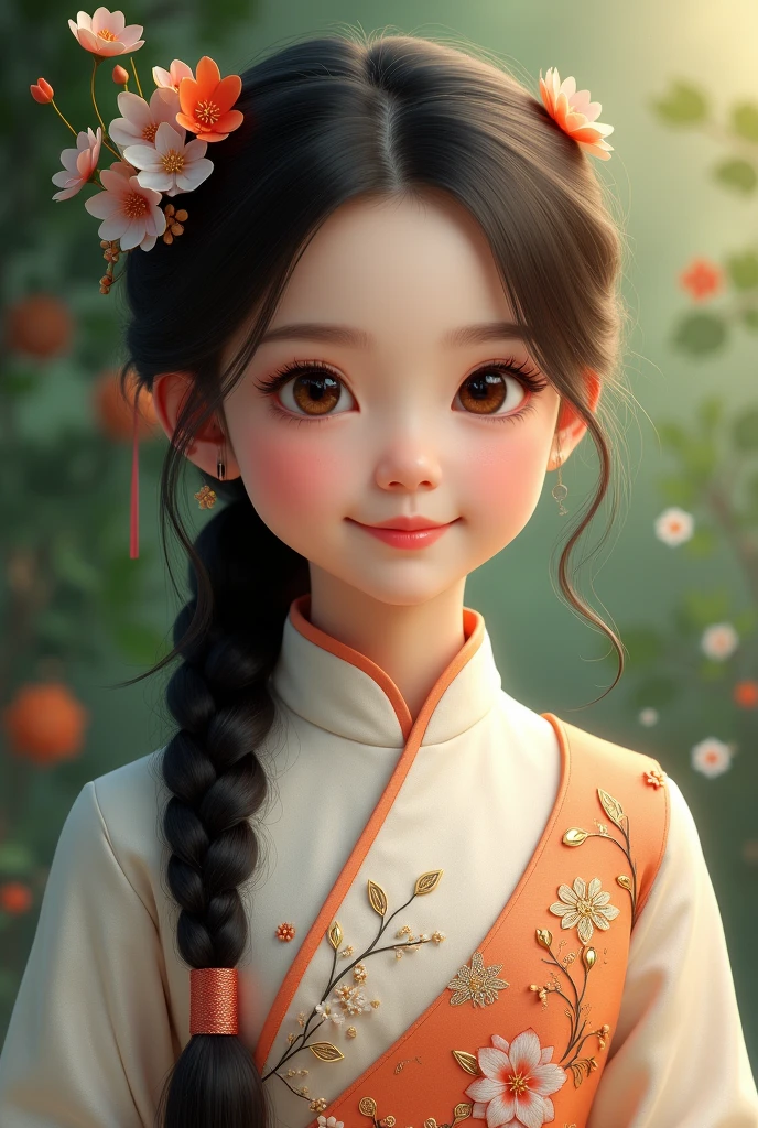 Generate an image of chinese malay girl, with braided hair, wearing baju kurung