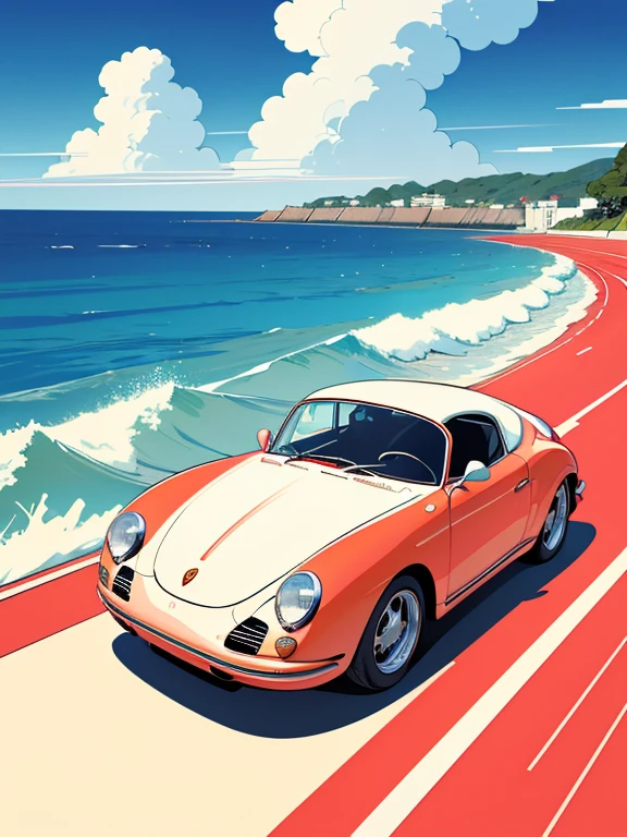 Graphic design, Drawn with clear lines, HIROSHI NAGAI art style, Blue sky and white clouds, (line art:1.2), Ligne Claire, Flowing Thick lines, Red Porsche 356 Speedster, Minimalist Geometry, fine line drawing, Illustration, ocean views, Vivid highly saturated colors, PASSING BREEZE, ((Summer Scenery)), Highway Star