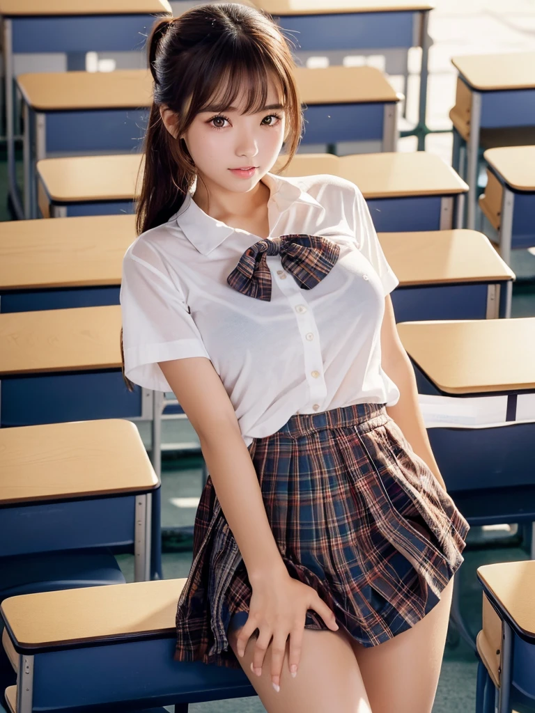 masterpiece,Highest quality,Very detailed,High resolution,(Realistic, photoRealistic:1.37),Excellent anatomy, One beautiful woman,20-year-old,height: 152 cm,high school girl,Crying a little,Open your mouth a little,Idol Sculpture, high school girlの,blazer,(shape),Checkered Pleated Micro Mini Skirt,Navy blue knee-high socks,garter belt,Huge,Disheveled uniform,Summer clothes,((Very delicate and beautiful)),((High school classroom:1.5)),((locker room:1.2)),((Schoolyard:1.4)),Brown Hair,Long Bob Hair,bangs,Very beautiful face,Cute type,Big Natural Color Lip,Small and cute nose,Big and pretty eyes,Brown eyes,Obvious double,Shiny highlight spots around the eyes,Character Focus,Tilt your head,The best light,Best Shadow,mysterious,Perfect Face,Very detailed,Soft Skin,(Glowing Skin,Sweaty:1.5),Beautiful legs,Voluptuous thighs,Plump body,Huge胸,(Expresses the roundness and softness of the chest area..........1),Beautiful body,(Perfect Woman),Bold sexy pose,Browsing Caution,(Spreading pussy:1.5)