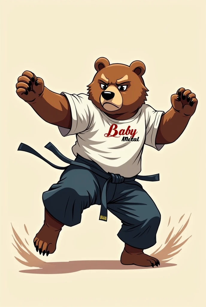 a bear in a BabyMetal shirt and karate pants doing a taekwondo side kick