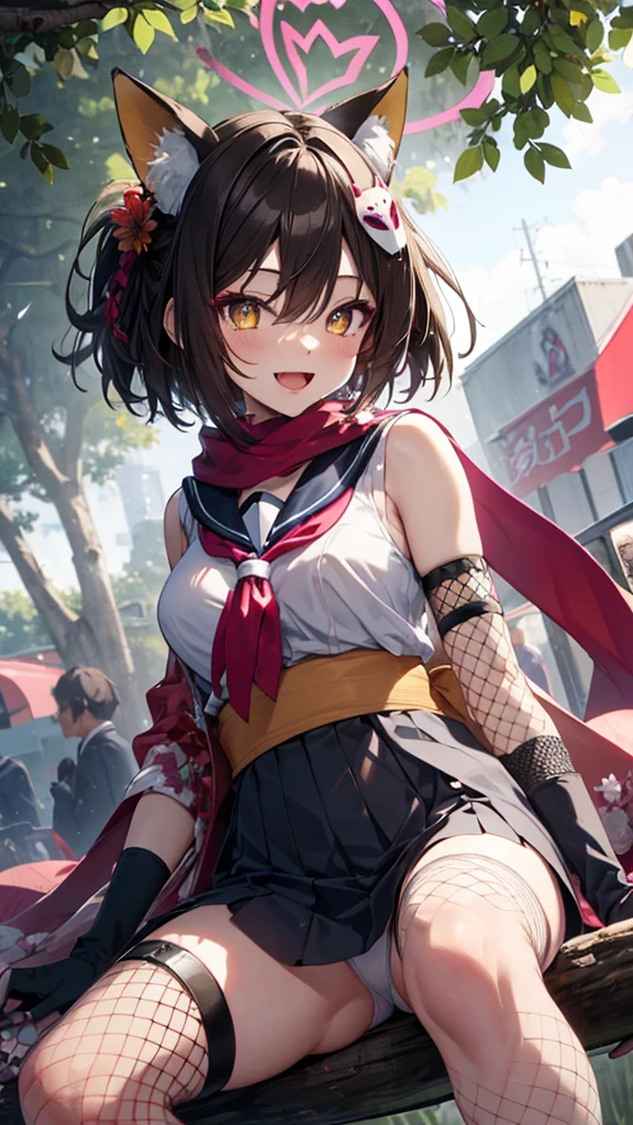 (Sitting on a tree branch),(from below:1.2),1girl,solo,izuna_bluearchive, halo, fox ears, fox tail, japanese clothes, floral print, sailor collar,black skirt, scarf, partially fingerless gloves, black gloves, thigh strap, fishnets, single thighhigh,dark brown hair,short hair,smile,open mouth,white panty,masterpiece,Noise Reduction,perfect anatomy,high resolution, ultra-detailed, ultra-detailed face,game cg,dutch angle ,beautiful detailed eyes,visualart,five fingers, perfect hands, perfect lighting, sparkling pupils,