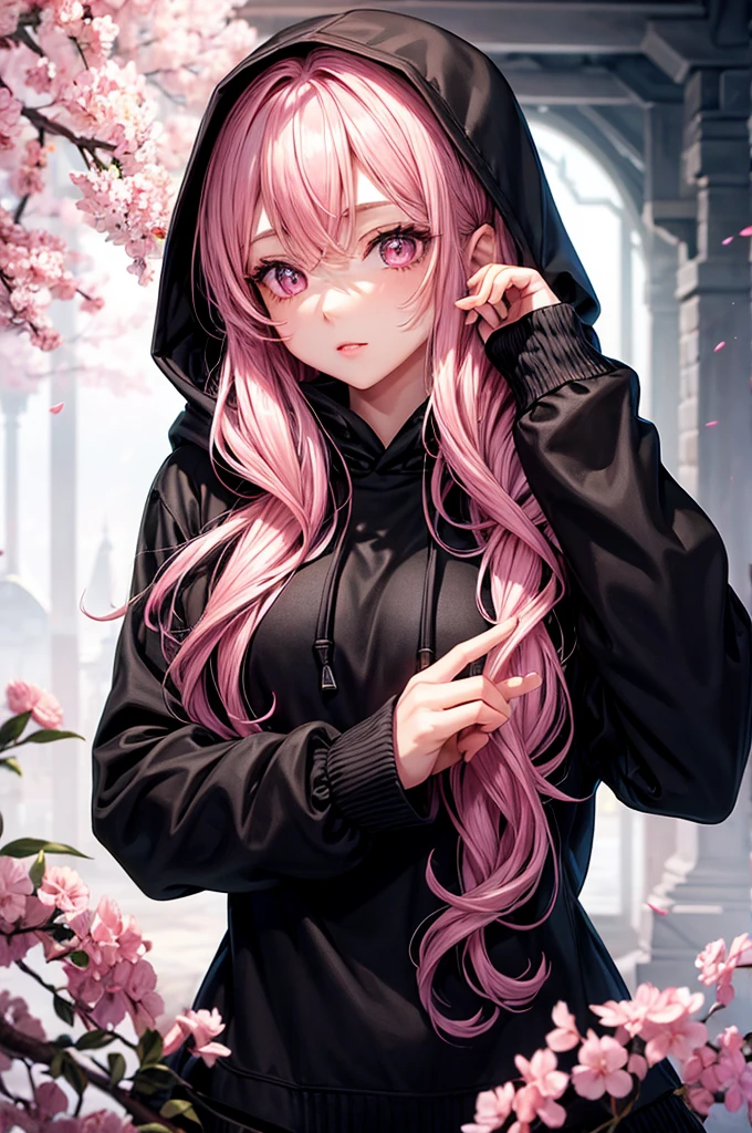 pretty girl , fantasy style, sparkling hoody, natural light , black old clothing , parted lip , pink eyes , hands behind head ,