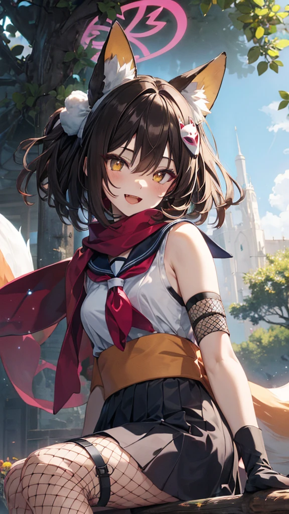 (Sitting on a tree branch),(from below:1.2),1girl,solo,izuna_bluearchive, halo, fox ears, fox tail, japanese clothes, floral print, sailor collar,black skirt, scarf, partially fingerless gloves, black gloves, thigh strap, fishnets, single thighhigh,dark brown hair,short hair,smile,open mouth,white panty,masterpiece,Noise Reduction,perfect anatomy,high resolution, ultra-detailed, ultra-detailed face,game cg,dutch angle ,beautiful detailed eyes,visualart,five fingers, perfect hands, perfect lighting, sparkling pupils,