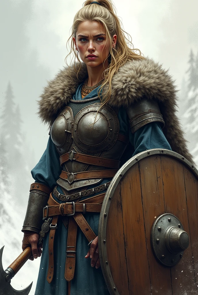 Drawing of a female viking warrior with strong body and scar on left eye, wearing lamellar armor and a fur cape over the shoulders, holding a round wooden shield and an axe