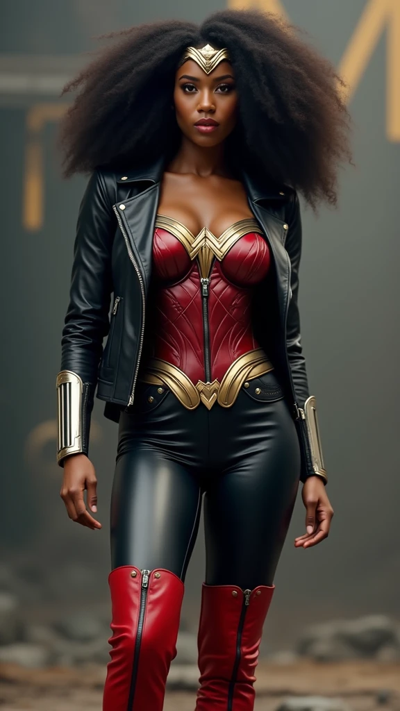 A beautiful black-skinned woman with curly black Afro hair under the mantle of the Amazonian warrior Wonder Woman, black leather jacket suit, red corset, and black leather pants, long red knee-high boots, Diaema Wonder Woman on her forehead