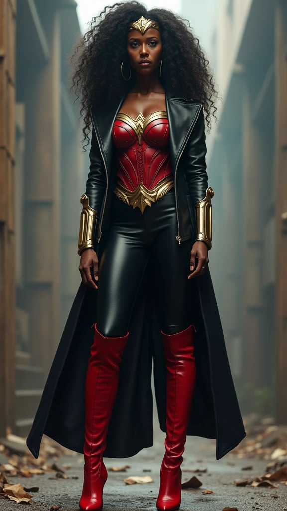 A beautiful black-skinned woman with curly black Afro hair under the mantle of the Amazonian warrior Wonder Woman, black leather jacket suit, red corset, and black leather pants, long red knee-high boots, Diaema Wonder Woman on her forehead