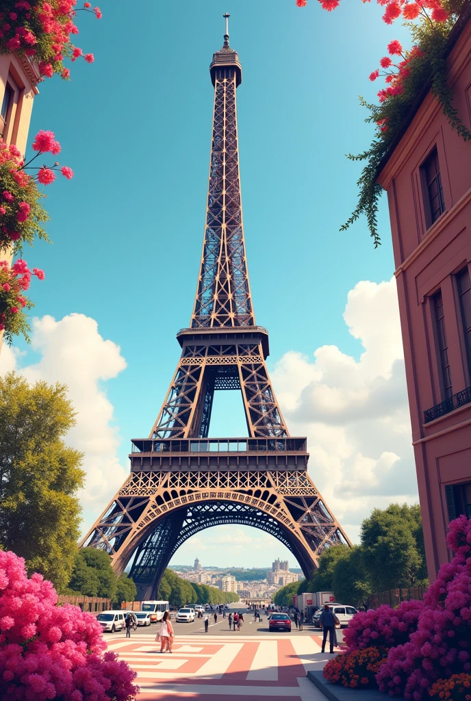 Eiffel Tower in the center of Paris, an ad on the right side that says "Fashion Models" Surrounded by colorful flowers. At the top, in the middle, it should say Isidora Flores