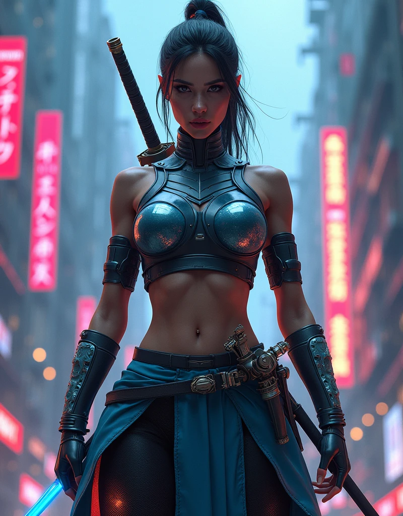 A beautiful modern-day female samurai in a cyberpunk city, holding a (((neon-lit katana sword:2))),and wearing(((armor that glows with electric energy:2))),(((cybernetic enhancements:1.6))),(ethereal fantasy concept art) . painterly, epic, majestic, cover art, best quality, realistic render, unreal engine, lifelike, hyperrealistic, highly detailed, 8 K, hyper detailed, insane details,