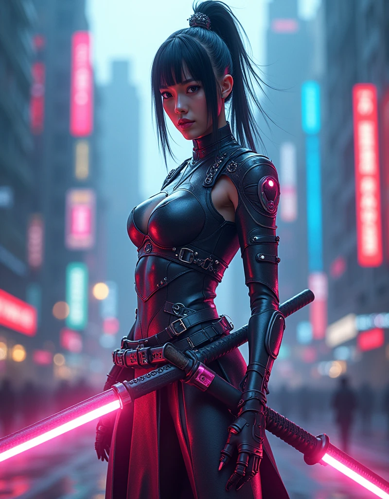 A beautiful modern-day female samurai in a cyberpunk city, holding a (((neon-lit katana sword:2))),and wearing(((armor that glows with electric energy:2))),(((cybernetic enhancements:1.6))),(ethereal fantasy concept art) . painterly, epic, majestic, cover art, best quality, realistic render, unreal engine, lifelike, hyperrealistic, highly detailed, 8 K, hyper detailed, insane details,
