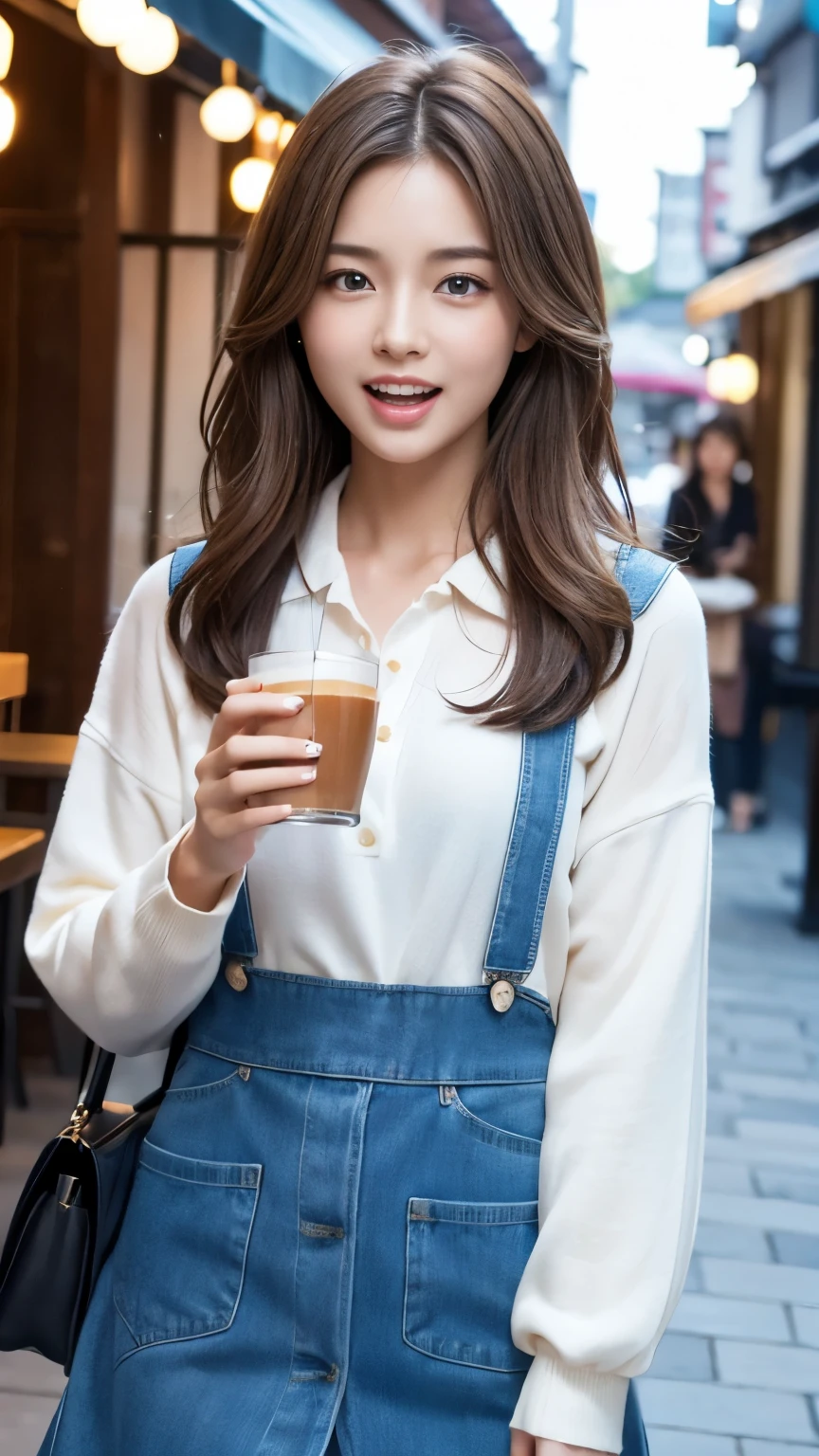 8k、highest quality、Like a real photo、masterpiece、Product quality, One Girl,, Young and beautiful woman in Japan, Long Bob Hair, attractive appearance,, High resolution, High detail, Detailed hairstyle, Detailed face, Great cinema lighting, Octane Rendering, Vibrant, Ultra-realistic, Perfect limbs, Perfect Anatomy、、her hair is light brown.、Cool clothes、In the background is a cafe terrace、Natural color lip、Attractive eyes、Eye color is blue、the ears are hidden by the hair、Double teeth、Yawn