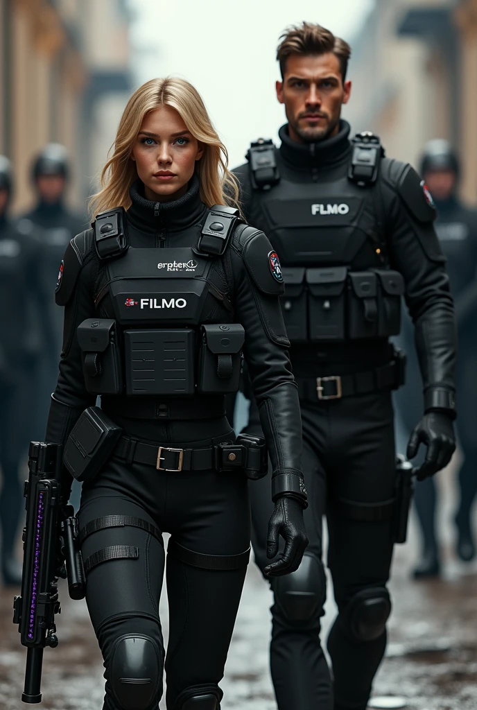 Create the image of a 20-year-old blonde girl, blue eyes, clear skin, thick lips, slim, with an angel face, She is dressed in a well-equipped black combat suit and a black and purple weapon in her hand., Alongside her, create a 29-year-old boy, clear skin, eyes the color of honey, Brown hair, muscular, dressed in a well-equipped black combat suit and a weapon
Create them making a spectacular entrance to an important place where a mafia army supports them from behind