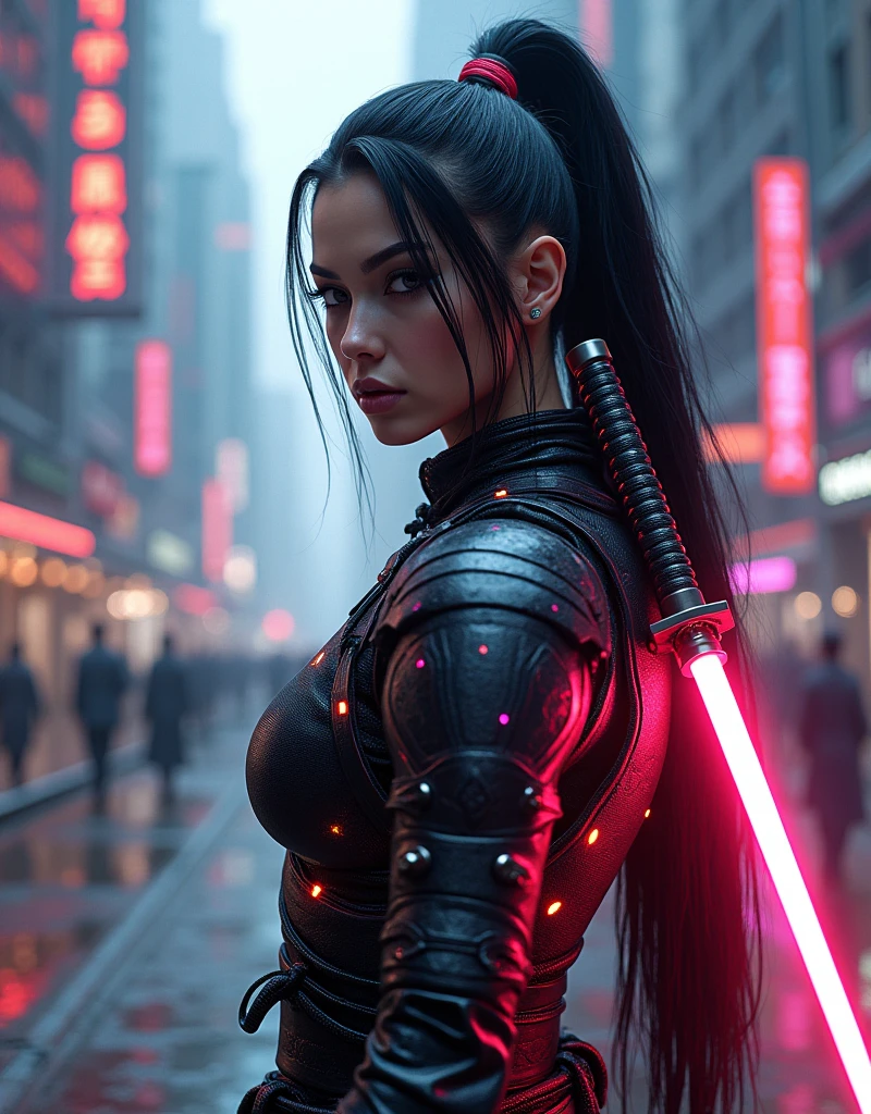 A beautiful modern-day female samurai in a cyberpunk city, holding a (((neon-lit katana sword:2))),and wearing(((armor that glows with electric energy:2))),(((cybernetic enhancements:1.6))),(ethereal fantasy concept art) . painterly, epic, majestic, cover art, best quality, realistic render, unreal engine, lifelike, hyperrealistic, highly detailed, 8 K, hyper detailed, insane details, 