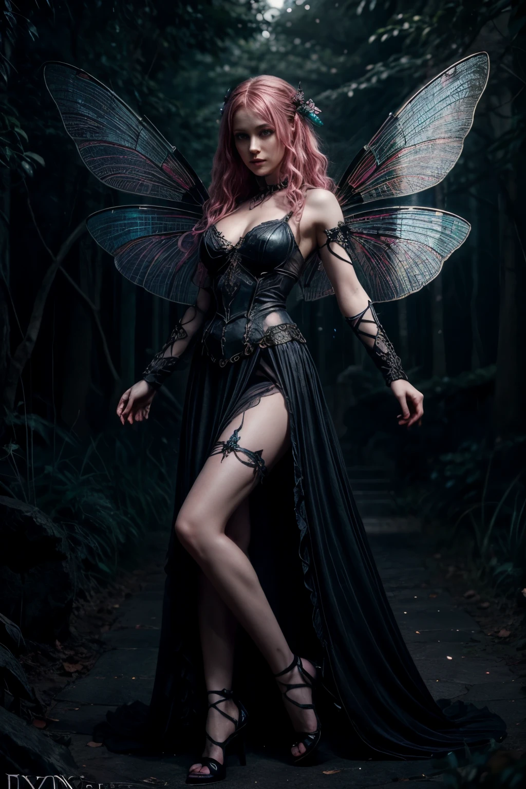 A fairy with curly pink hair, pale skin tone, blue eyes, In a black dress, dark fantasy character design, Epic exquisite character art, dark fantasy art, with the appearance of Freya Allan, dark fairy full view, amazing character of art. Dragonfly wings,