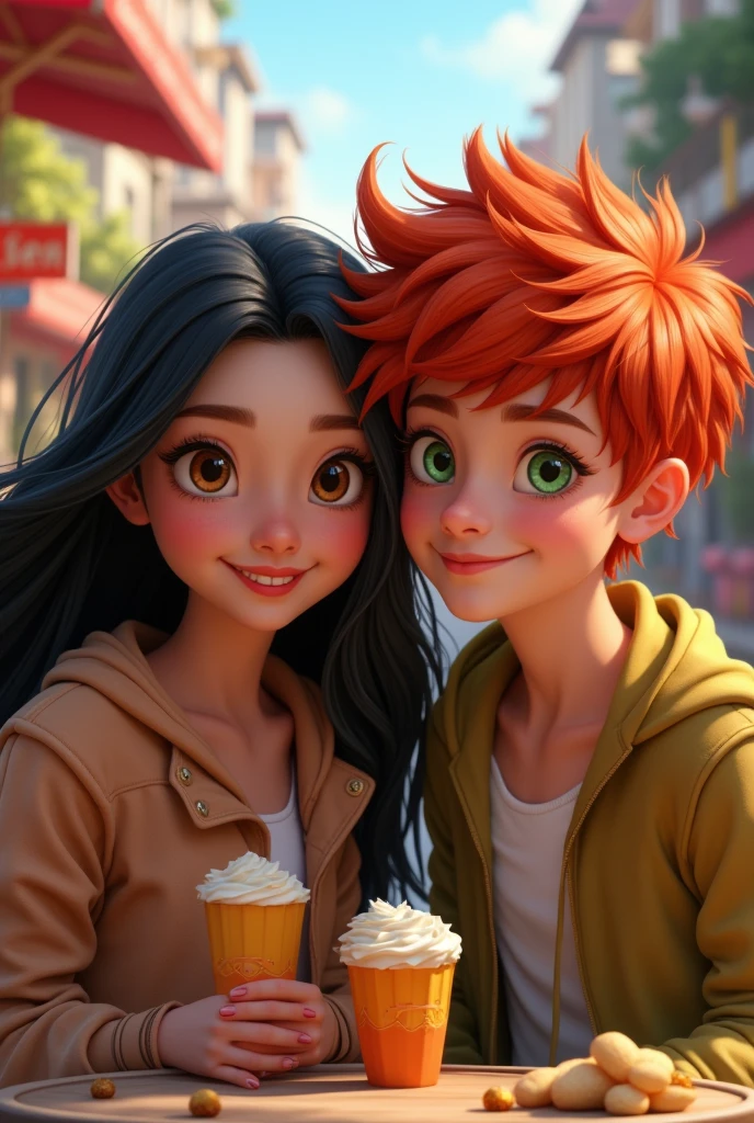 two friends, an Asian with long black hair and light eyes,  and another with dark red hair and green eyes