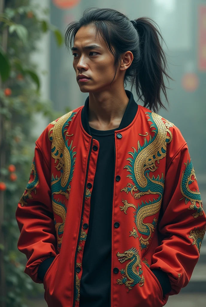 Filipino guy having mixed emotions with a pony tail wearing a dragon jacket