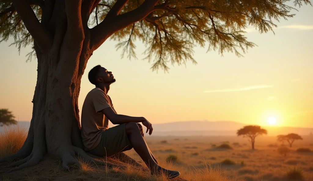 stage background : Assane is torn between betraying the values of his family and ending poverty.
Prompt d'image : A young black man sits under a tree, la tête levée vers le ciel, with an expression of deep contemplation, Surrounded by African landscapes.