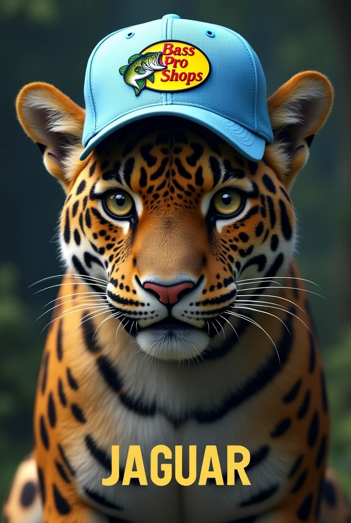 A jaguar wearing a Bass Pro Shops cap that says Popeye Caps. The cap has a light blue background and you put JAGUAR below._caps

