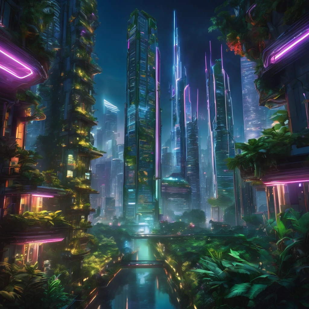 In a futuristic metropolis, a sleek, neon-lit skyscraper stands alongside a lush, vertical forest, where a pack of genetically engineered, cybernetic wolves roam free, their LED eyes glowing as they explore the urban jungle, coexisting with humans in a harmonious, high-tech ecosystem