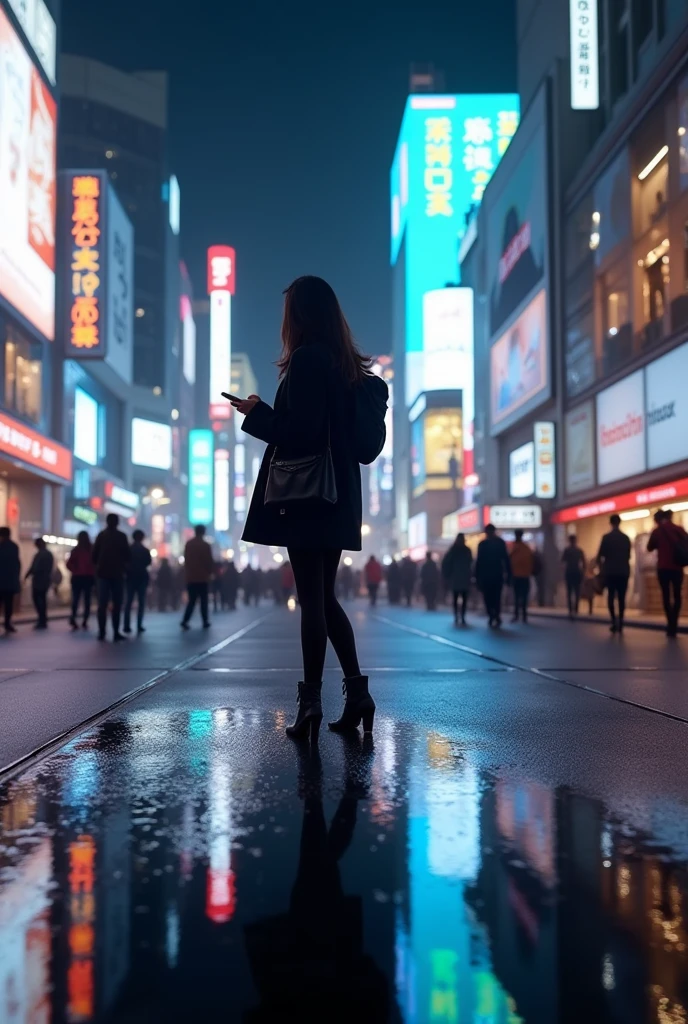 masterpiece,Highest quality,(Ultra-high definition CG Unity 8K wallpaper),(Highest quality),Physical Rendering,puddle,City view reflected on the water,Reflection of light,night,Busy Street,Passers-by々,Shibuya City,A celebrity woman stands alone, operating her smartphone.,