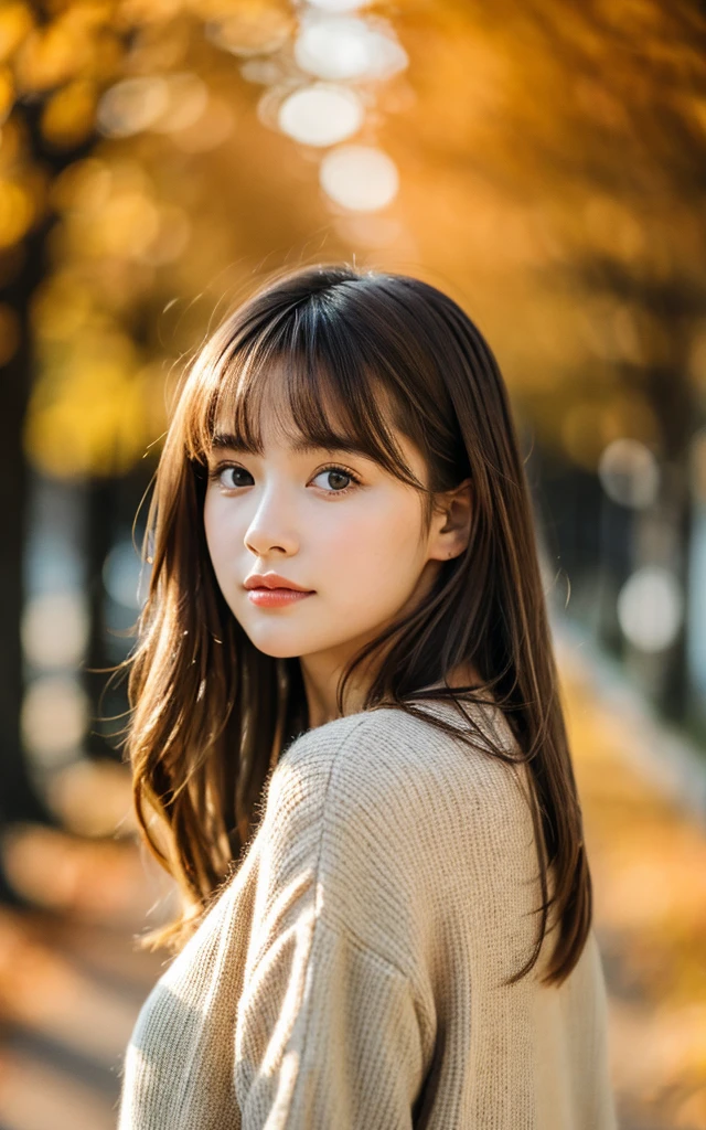 masterpiece, Best Quality, 8K, 1 girl, in autumn, A tree-lined road lined with autumn leaves, out of focus, 18 yo, medium breasts⁩, Mouth slightly open, cute little, Solo, sad, Clothes that look good in autumn, Cute, Girly, Delicate girl, Neat and clean beauty, Raw photo, Professional Photography, Portrait, Soft light, Professional Lighting, Back lighting, Upper body, see the beholder, Sophisticated, Film grain, (Eyes and faces with detailed:1.0), medium hair swaying in the wind, beautiful flowing brown hair, bangs