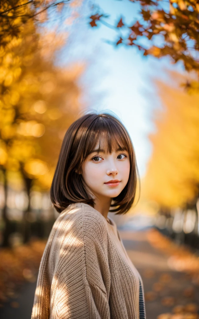 masterpiece, Best Quality, 8K, 1 girl, in autumn, A tree-lined road lined with autumn leaves, out of focus, 18 yo, medium breasts⁩, Mouth slightly open, cute little, Solo, sad, Clothes that look good in autumn, Cute, Girly, Delicate girl, Neat and clean beauty, Raw photo, Professional Photography, Portrait, Soft light, Professional Lighting, Back lighting, Upper body, see the beholder, Sophisticated, Film grain, (Eyes and faces with detailed:1.0), medium hair swaying in the wind, beautiful flowing brown hair, bangs