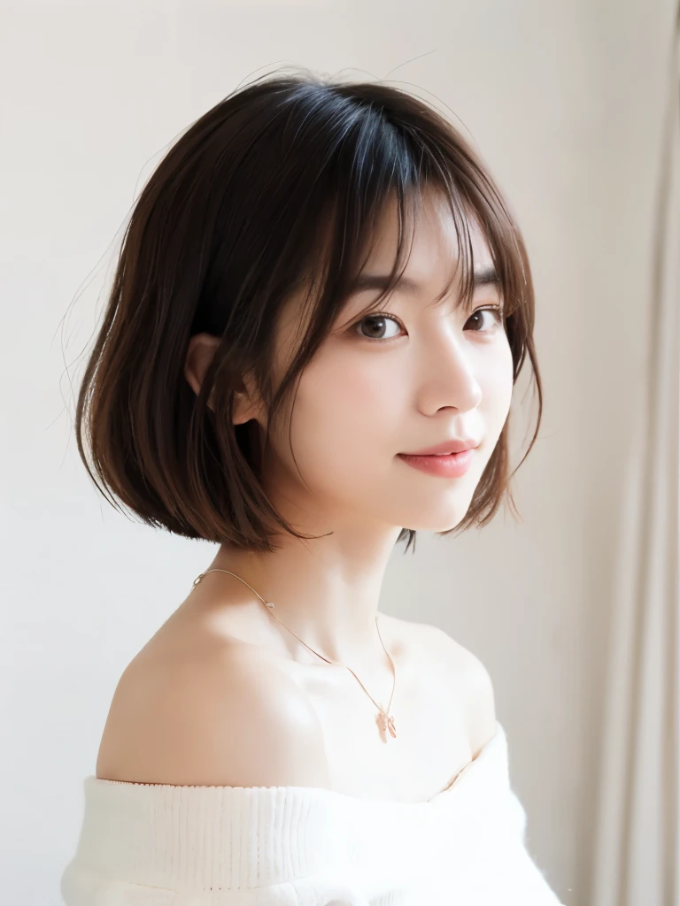 ultra high res, RAW photo, cute japanese women photos, whole body,long sleeve dress, ((Shoulder length brown straight short bob)), (upper half of body), Take a photo from the front,Portrait,surface focus,gentle smile,(light blush), large size_sweater, necklace, indoor, white background,looking at the viewer, mix 4, (realistic Photoreal:1.37), 1 girl, cute, so soft natural lighting, photon mapping, Physically based rendering, shortcut, short hair, Handsome, girly, (clean face), (Detailed facial description), (detailed description of handasseter muscle part), (Detailed CG), Rich details, (exquisite features), (detailed eye), looking forward to your eyes, delicate clavicle, Versatile poses, profile, white wall, Spring clothes, Simple necklace, Don&#3, (photorealistic:1.4), From above, best quality, masterpiece