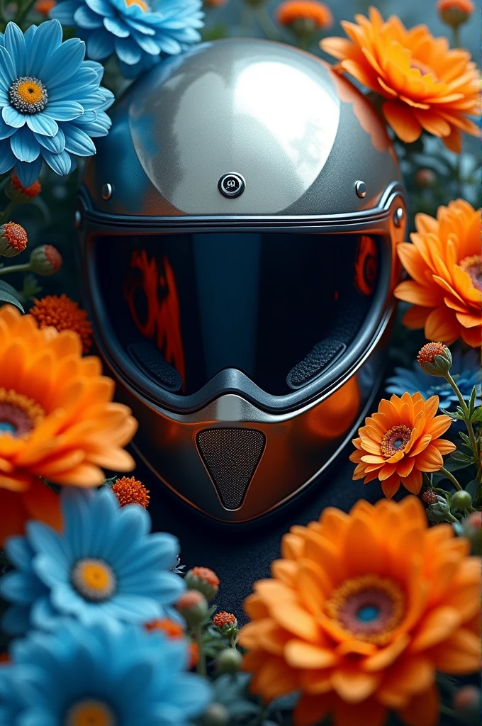A portrait of a motorcycle helmet surrounded by orange and blue flowers