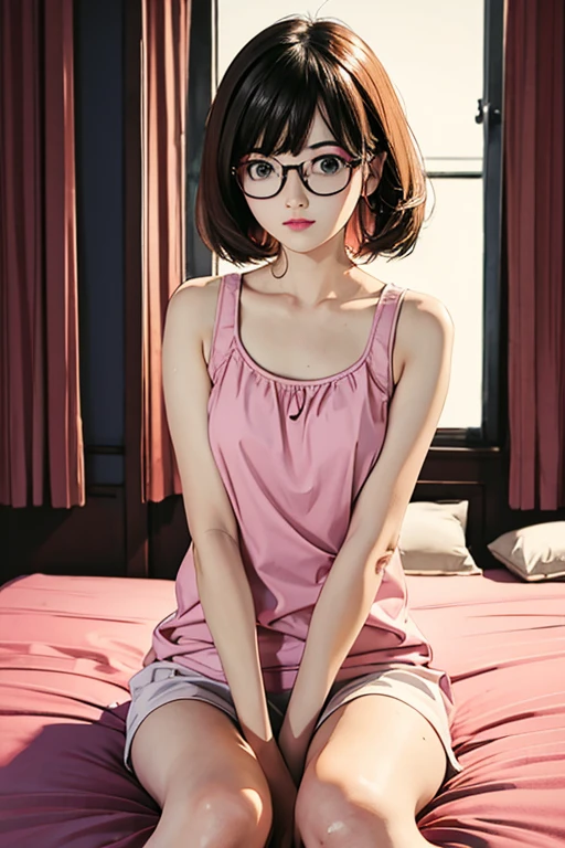Highest quality、masterpiece、High sensitivity、High resolution、Detailed Description、Slender women、Glasses、White camisole、Sitting on a futon、The room、Bathed in pink light、