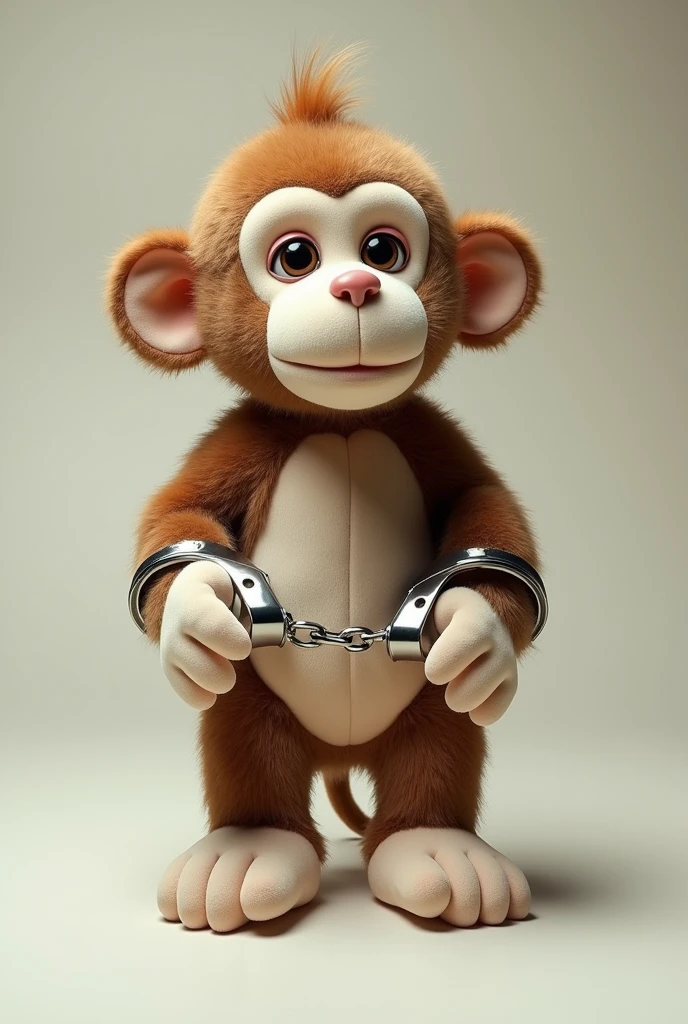A stuffed monkey wearing handcuffs