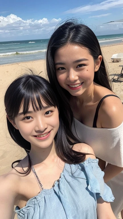 (Highest quality,masterpiece:1.3,Ultra-high resolution),(Very detailed,Caustics,8K),(Realistic:1.4,RAW shooting),(Smiling girls splashing water on each other),Japanese,18-year-old,cute,Black Short Hair,(big ),Bikini Swimwear,(Face Focus),(Face close-up),(Bust up shot),(Low position),(Low Angle),Clear and beautiful sea,Beach,sun,strong sunlight,Lens flare,Natural light,Professional Writing