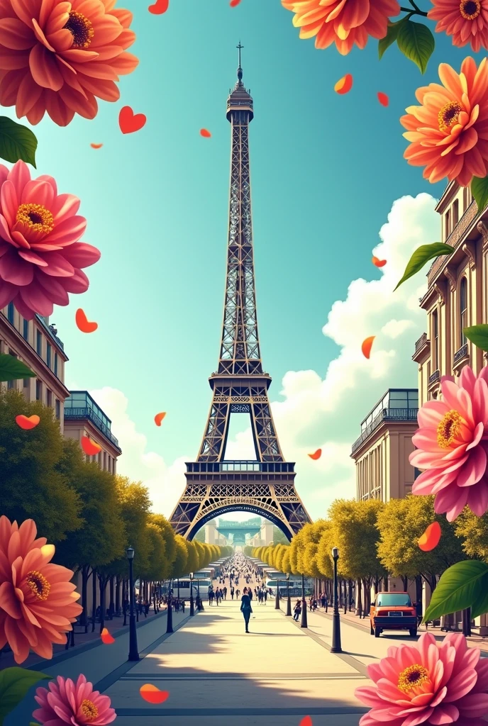 Cover of a book featuring the Eiffel Tower in the center of Paris, an ad on the right side that says "Fashion Models" Surrounded by colorful flowers. At the top, centered, it should say Isidora Flores