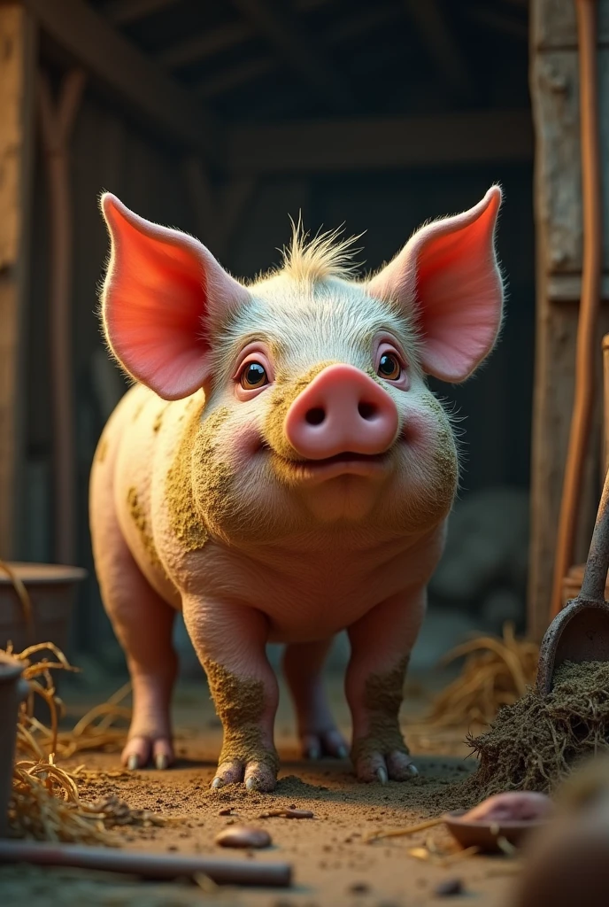 a dirty pig with a gold nose ring in a stable