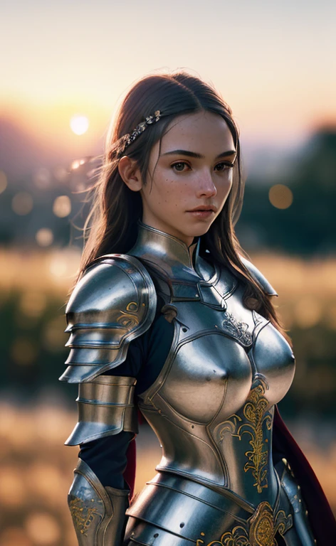 (masterpiece), (extremely intricate:1.3), (realist), portrait of a girl, the most beautiful in the world, (medieval armor), metal reflections, Upper part of the body, outdoor, intense sunlight, distant castle, Detailed professional photography of a stunning woman., sharp focus, dramatic, awarded, cinematic lighting, octane render unreal engine, volumetric dtx, (film grain, blurred background, blurred closeup, bokeh, depth of field, Sunset, Motion blur:1.3), coat of mail