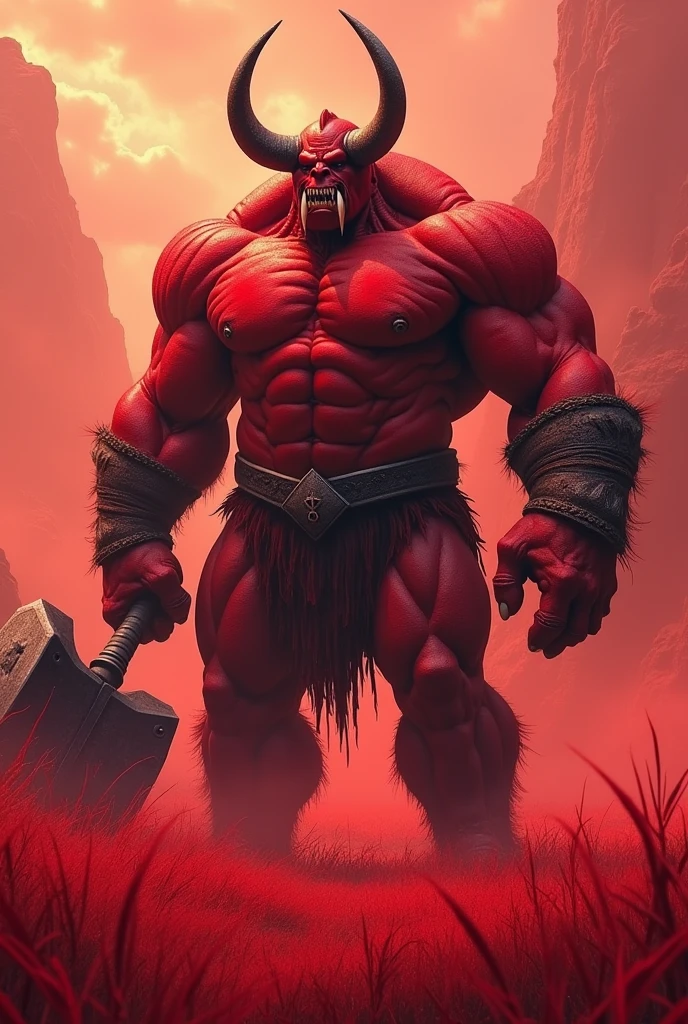 Create an image of an ogre standing approximately three meters tall in a vivid red grassy field. The ogre has a physique resembling a heavily trained bodybuilder, with prominent, well-defined muscles that flex and move with every motion. Its skin is a bright, blood-red color, reflecting intense violence and brutality embedded in its very cells.
The ogre’s face is sharp and menacing, with small, fierce eyes that convey aggression and rage. It has four sharp tusks protruding from its lower jaw, two on the left and two on the right, extending outward and sharply upward. These tusks are long, pointed, and curve upward, adding to its fearsome and dangerous appearance.
The most striking feature is the pair of large, curved horns protruding from the sides of its forehead. These horns extend backward from the forehead, curving smoothly and sharply over the head, ending well past the crown in a graceful yet menacing arc. The horns appear to be forged from steel, with a robust and slightly curved shape, enhancing the ogre's imposing and formidable presence.
The ogre is holding a massive war hammer in its right hand. The hammer resembles a traditional war hammer, with a large, heavy head designed for smashing. The hammerhead is almost as large as the ogre’s upper torso, with a robust and rugged design showing signs of extensive use. The hammer is detailed with cracks and wear, indicating its history of battle. Despite its enormous size and heavy appearance, the ogre wields it with ease. The ogre is not wearing any armor, which emphasizes its raw and unprotected form. The field of grass around the ogre is a striking red, providing a dramatic backdrop that contrasts with the ogre’s bright red skin, emphasizing its intimidating presence in this surreal environment.