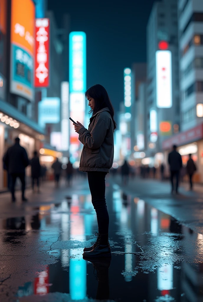 masterpiece,Highest quality,(Ultra-high definition CG Unity 8K wallpaper),(Highest quality),Physical Rendering,puddle,City view reflected on the water,Reflection of light,night,Busy Street,Passers-by々,Shibuya City,A celebrity woman stands alone, operating her smartphone.,