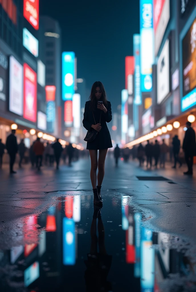 masterpiece,Highest quality,(Ultra-high definition CG Unity 8K wallpaper),(Highest quality),Physical Rendering,puddle,City view reflected on the water,Reflection of light,night,Busy Street,Passers-by々,Shibuya City,A celebrity woman stands alone, operating her smartphone.,