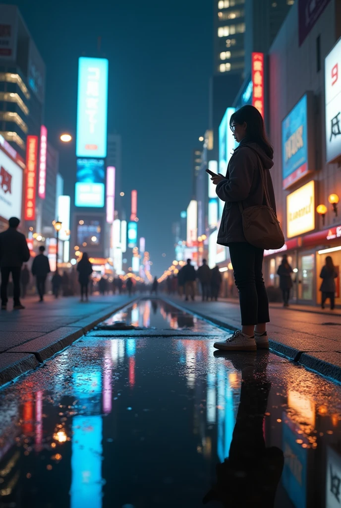 masterpiece,Highest quality,(Ultra-high definition CG Unity 8K wallpaper),(Highest quality),Physical Rendering,puddle,City view reflected on the water,Reflection of light,night,Busy Street,Passers-by々,Shibuya City,A celebrity woman stands alone, operating her smartphone.,