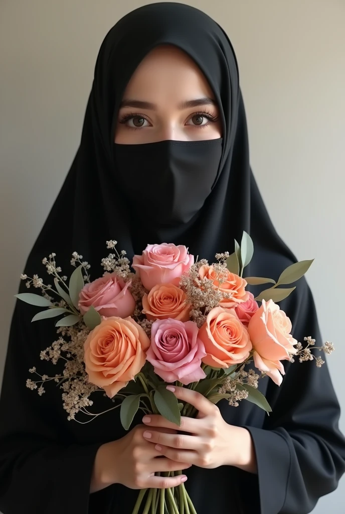 Muslim girl wearing hijab, dark black eyes, with flower bouquet, covering face with niqab
