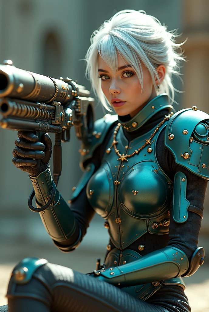 Surreal Ultra-fantastical Super detailed Complex design gatling gun Soldier Mechanic Art steampunk Glossy turquoise black gold Intricately designed armor 8k 3D Cinema Lighting Silver Hair Clear Eyes Cool accessories Sitting pose Dynamic pose Metallic Color Cinema Lighting Amulet Gorgeous gloves Complex design shoulder pads Natural light
