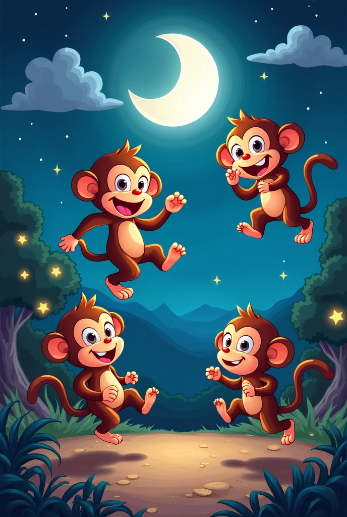 I need a monkey. Please provide me with the front, back, running, jumping, climbing, standing, and sitting postures of the monkey. The painting style is more cartoonish and lively.
The scene is at night with the moon high in the sky. The moon is a half-moon shape.