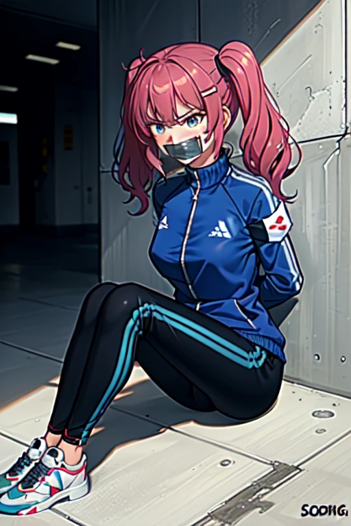 ((1 girl)), ((twin tails)), (sexy),  ((simple_background)), ((concrete floor, concrete wall)), ((underground room)), ((arms behind back)), ((scowl)), ((sitting on the knees)), ((tape gag)),  ((helpless)), ((calm)), ((struggling)), (blue tracksuit,tracksuit,tights pants, long black pants)