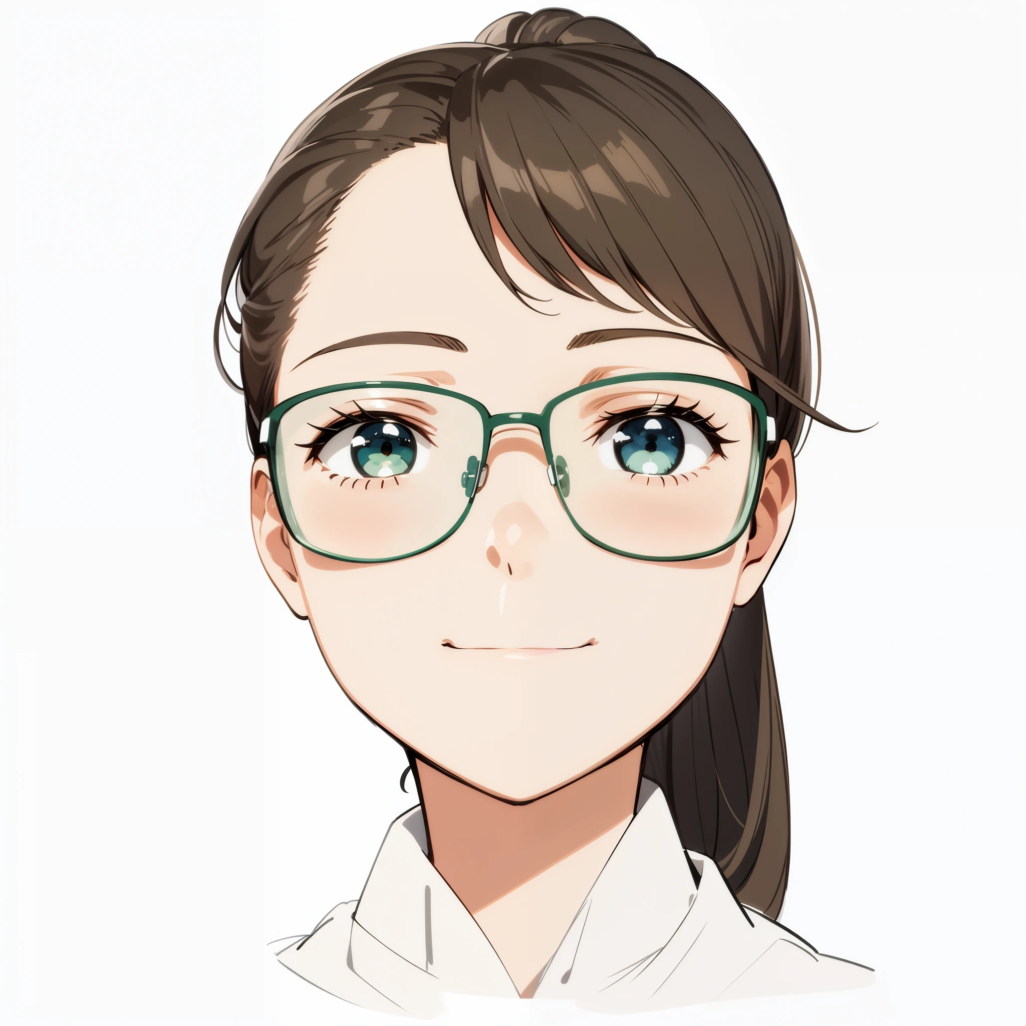 masterpiece、high quality、Very detailed、One woman、Late 20s,solo、Green glasses,ponytail,Cheek smile、Face close-up、Looking into the camera、office、Anime Style、2D