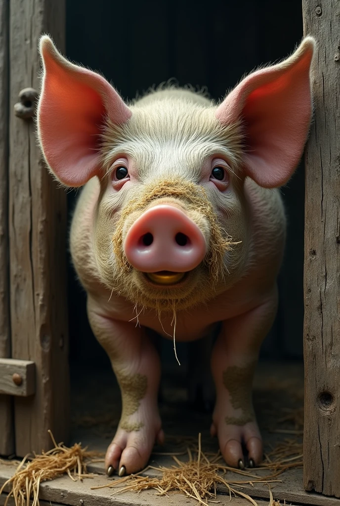 
a dirty pig with a gold nose ring in a stable