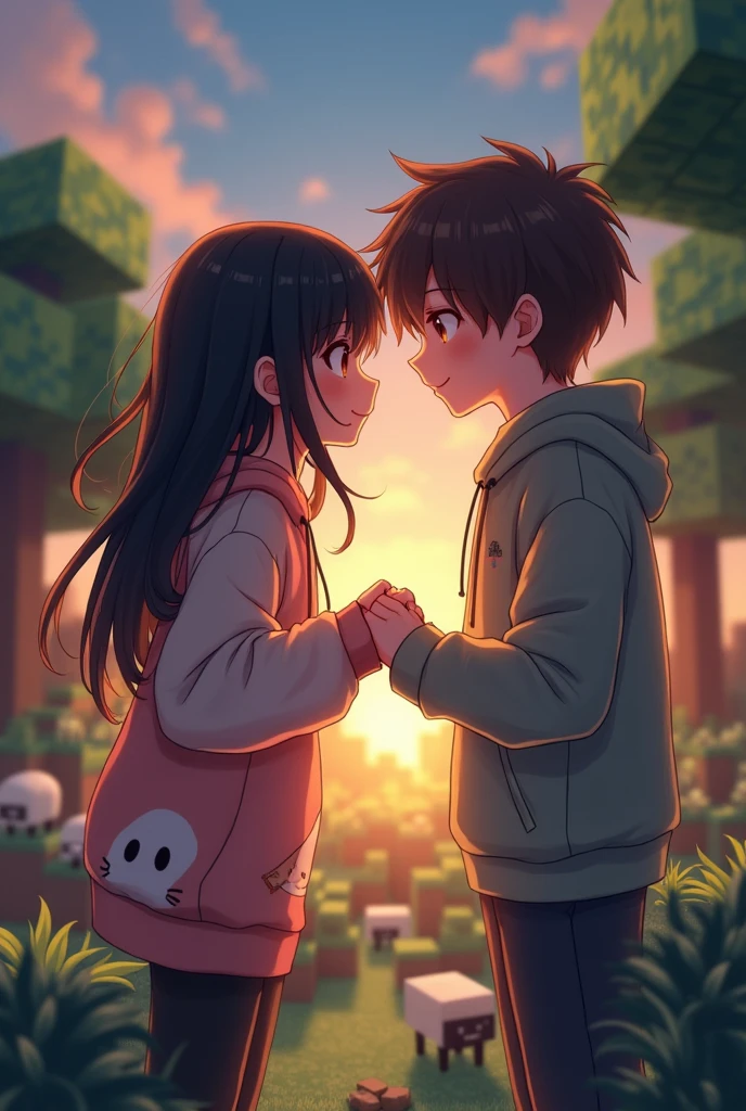 hermosa iluminación, couple touch hands, anime susume, girl hair black, girl
hoodie cinamoroll , boy hair brown , love, minecraft sheeps, minecraft entorno, minecraft cats